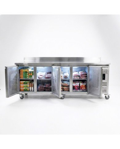Bajo Mostrador de Congelación Acero Inoxidable 553 Litros 4 Puertas de Cristal 223x70 cm Ventilado Romux