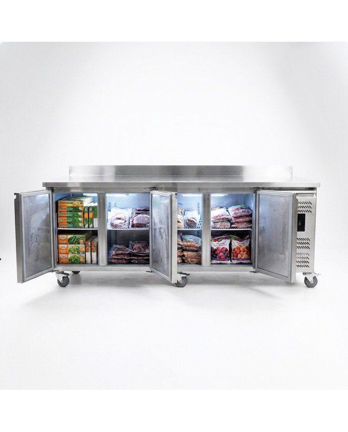 Bajo Mostrador de Congelación Acero Inoxidable 553 Litros 4 Puertas de Cristal 223x70 cm Ventilado cLEITON