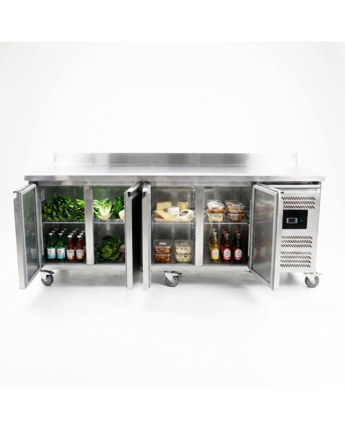 Mesa Fría de Preparación Acero Inoxidable 4 Puertas 553 Litros 223x70 cm Clase A Ventilada Romux | Hosteleria