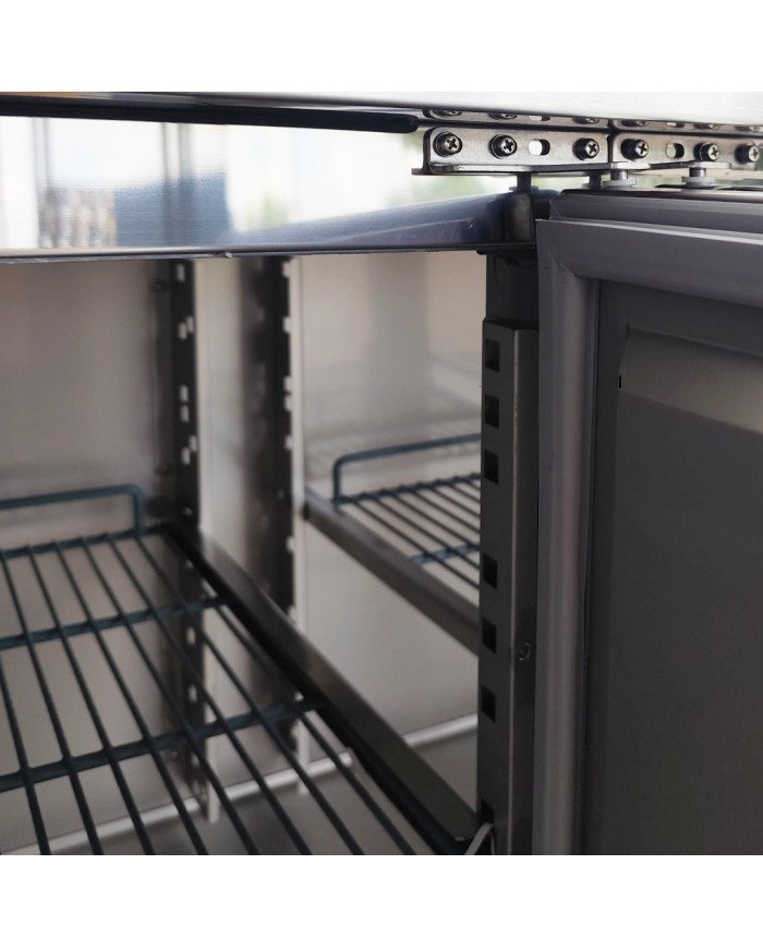 Mesa Fría de Preparación Acero Inoxidable 4 Puertas 553 Litros 223x70 cm Clase A Ventilada Romux | Hosteleria