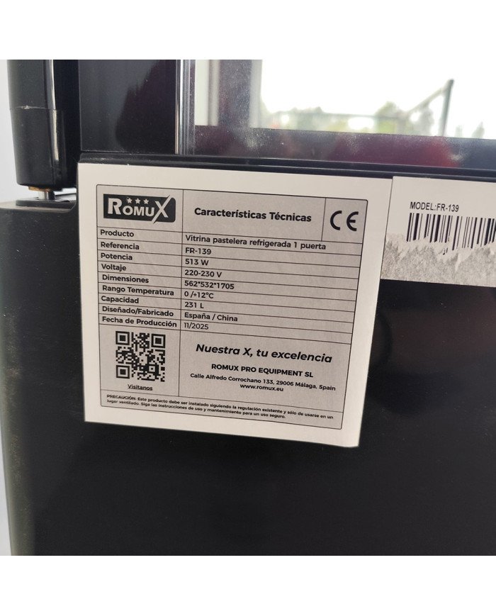 86. Vitrina Pastelera Expositora Refrigerada Vertical de Suelo 4 Estantes con 1 Puerta Negra 230 Litros Ventilada
