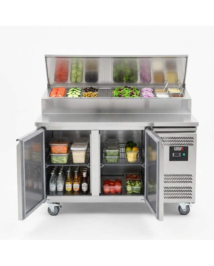 Mesa Ensaladera Refrigerada de 2 Puertas 151x80 cm para Cubetas GN con Tapa Abatible de Acero ROMUX | Hostelería