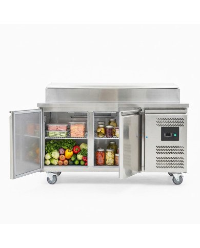 Mesa Ensaladera Refrigerada de 2 Puertas 151x80 cm para Cubetas GN con Tapa Abatible de Acero CLEITON | Hostelería