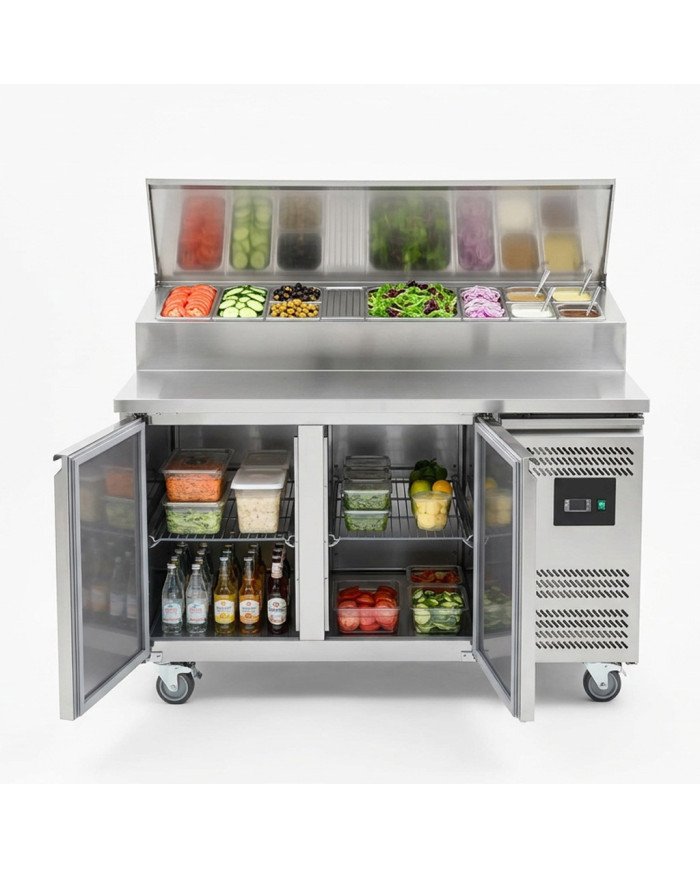 Mesa Ensaladera Refrigerada de 2 Puertas 151x80 cm para Cubetas GN con Tapa Abatible de Acero CLEITON | Hostelería