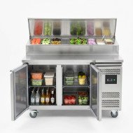 Mesa Ensaladera Refrigerada de 2 Puertas 151x80 cm para Cubetas GN con Tapa Abatible de Acero CLEITON | Hostelería
