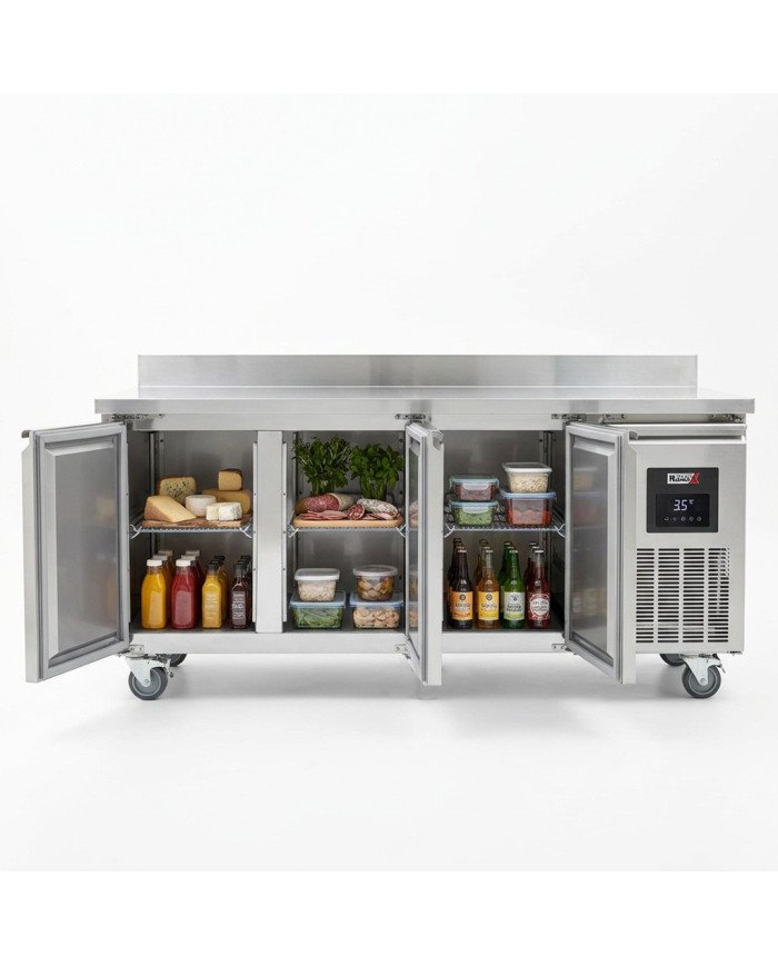Mesa Fria de Preparacion Acero Inoxidable 3 Puertas 417 Litros 180x70 cm Clase A Ventilada Romux | Hosteleria