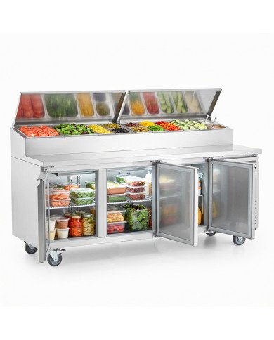 Mesa Ensaladera Refrigerada de 3 Puertas 202x80 cm para Cubetas GN con Tapa Abatible de Acero Cleiton | Hostelería