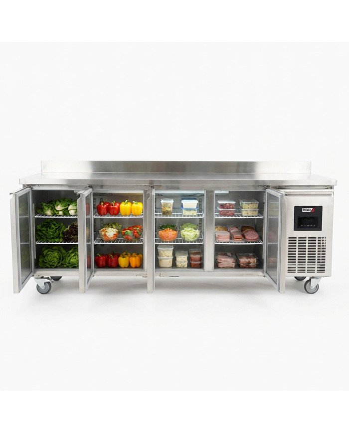Mesa Fría de Preparación Acero Inoxidable 4 Puertas 553 Litros 223x70 cm Clase A Ventilada Romux | Hosteleria
