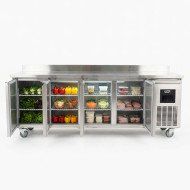 Mesa Fría de Preparación Acero Inoxidable 4 Puertas 553 Litros 223x70 cm Clase A Ventilada Romux | Hosteleria