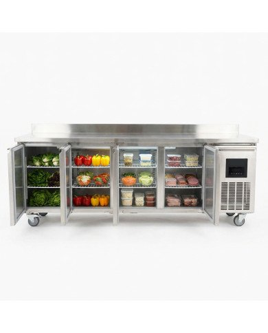 Mesa Fría de Preparación Acero Inoxidable 4 Puertas 553 Litros 223x70 cm Clase A Ventilada Cleiton | Hosteleria
