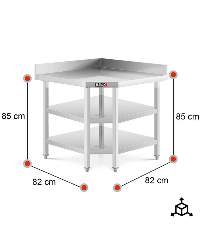 Mesa de Trabajo Acero Inoxidable Mural corner con 2 Estantes para Hostelria 600x600 mm | ROMUX Profesional