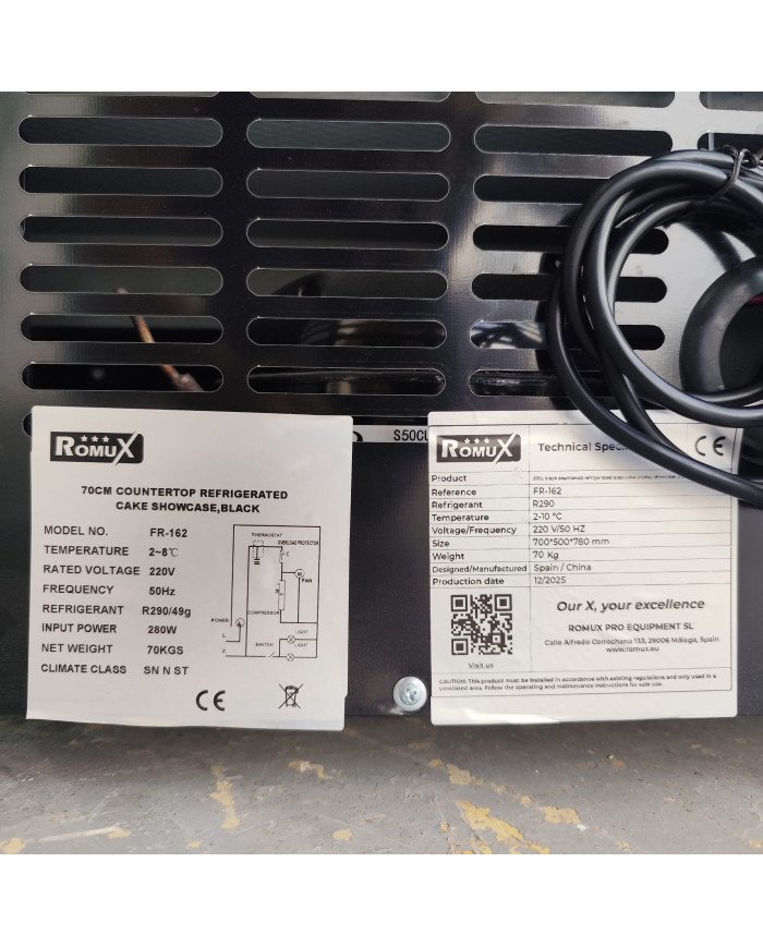 122. Vitrina Pastelera Expositora Refrigerada Cuadrada de Sobremesa 2 Estantes Negra 270 Litros Ventilada (FR-162)