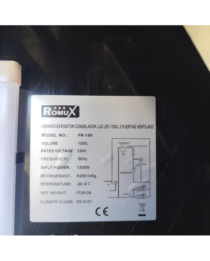 133. Armario Expositor de Congelación Modelo D Luz Led - 2 Puertas de Cristal Negro 1200 Litros Ventilado (FR-150)